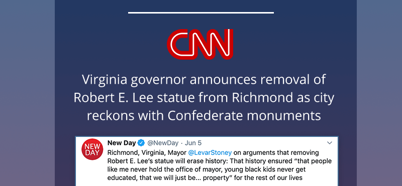 Virginia governor announces removal of Robert E. Lee statue from Richmond as city reckons with Confederate monuments